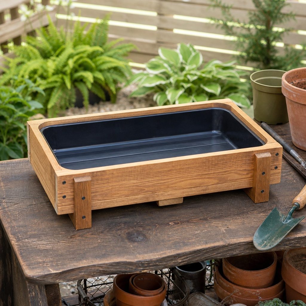 Close view of wooden potting tray supported bottom, rounded inside corners, removable liner, and sealed edges