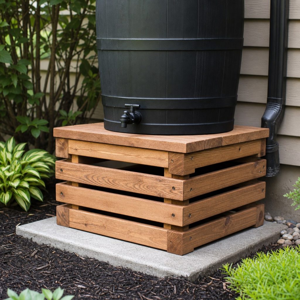 Low stacked-timber crib style rain barrel base on a level concrete pad