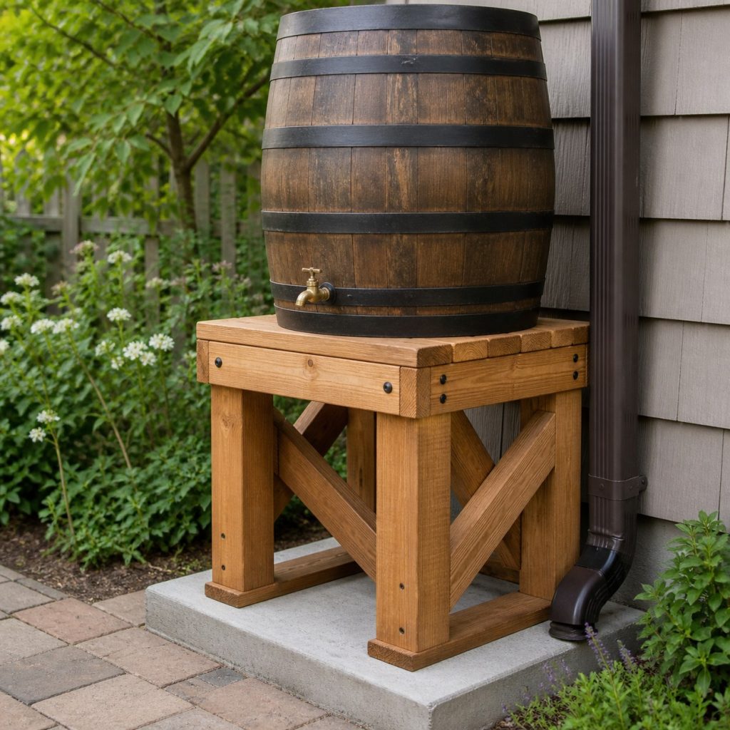 Moderately raised wooden rain barrel stand with diagonal bracing and broad concrete base