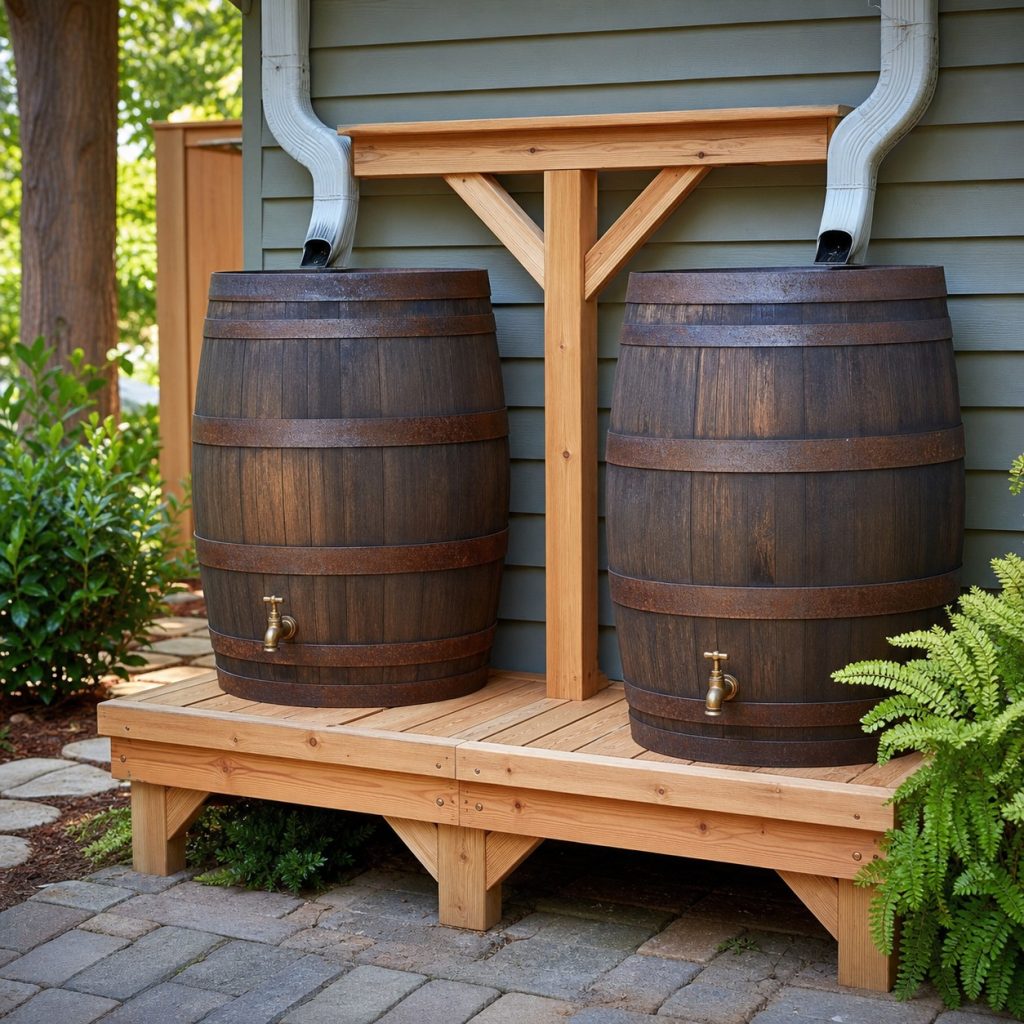 Wide wooden platform supporting two separate rain barrels with central posts and bracing
