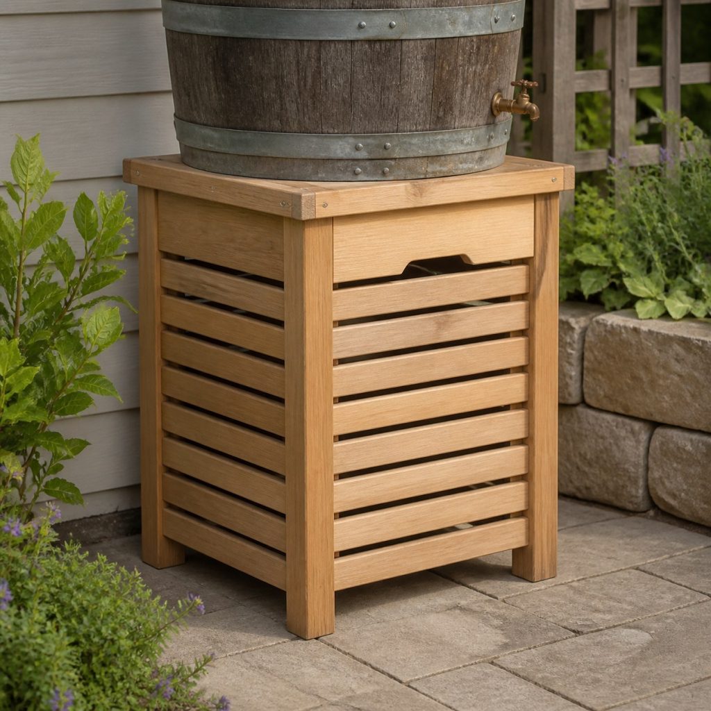 Wooden rain barrel stand with ventilated removable slat skirt and visible structural posts