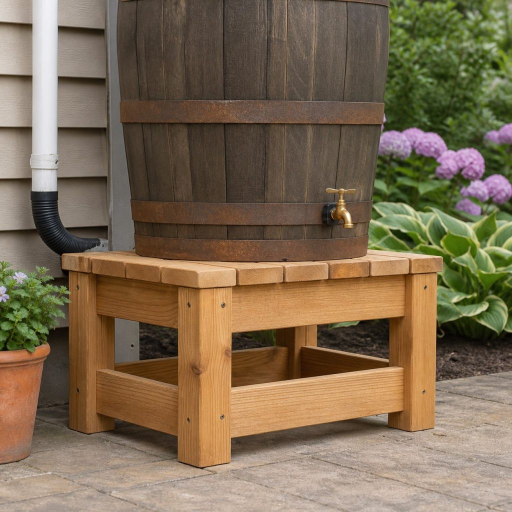 Low wooden rain barrel stand with open firm approach and unobstructed spigot area