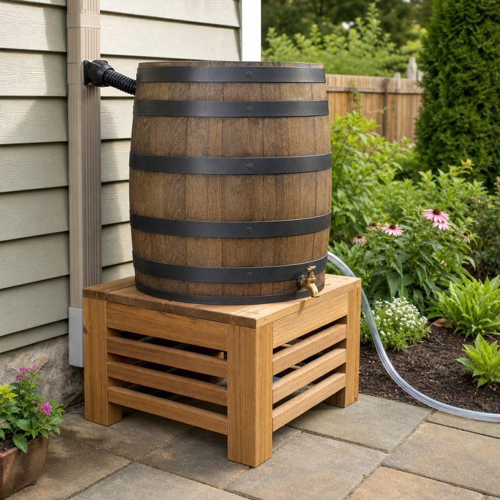 Wooden rain barrel stand on level pavers with downspout diverter and clear overflow hose leading away
