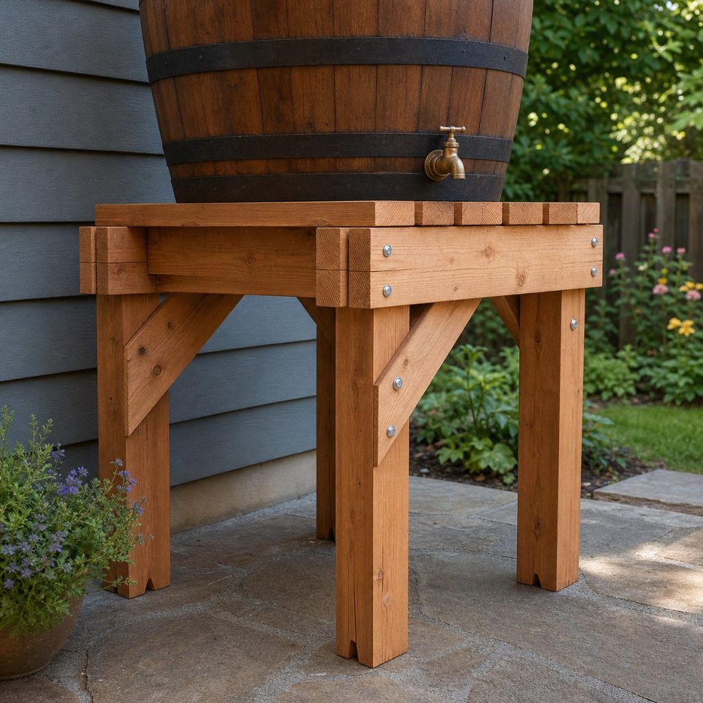 Close view of rain barrel stand posts bearing directly under doubled rails with bolts and diagonal braces