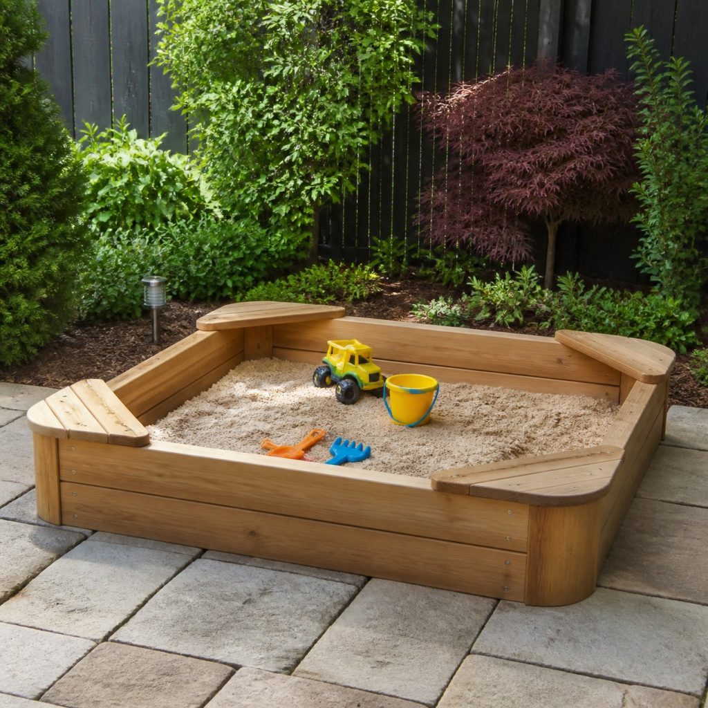 Wooden sandbox with four small triangular corner seats and rounded edges