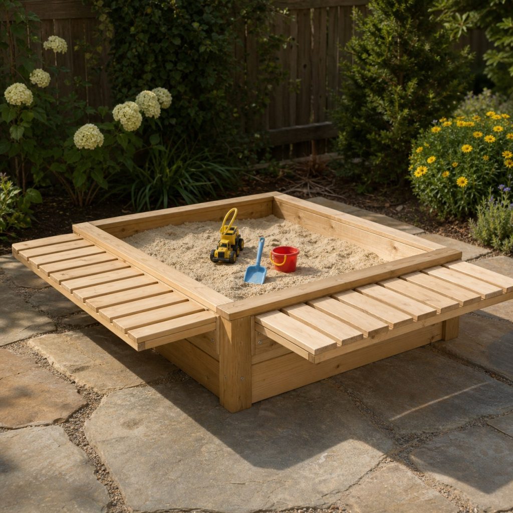 Wooden sandbox with two lightweight slatted cover panels folded outward into low benches