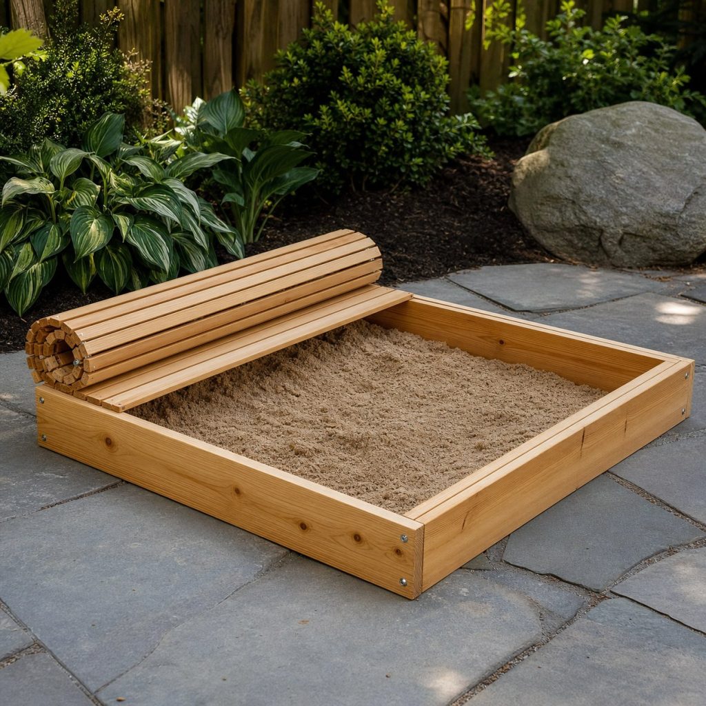 Wooden sandbox with lightweight connected slat cover rolled neatly at one end