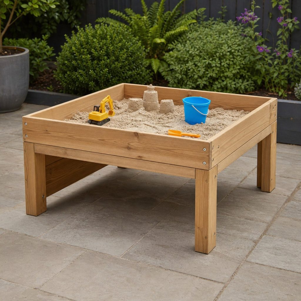 Raised shallow wooden sand play table with open knee space on firm paving