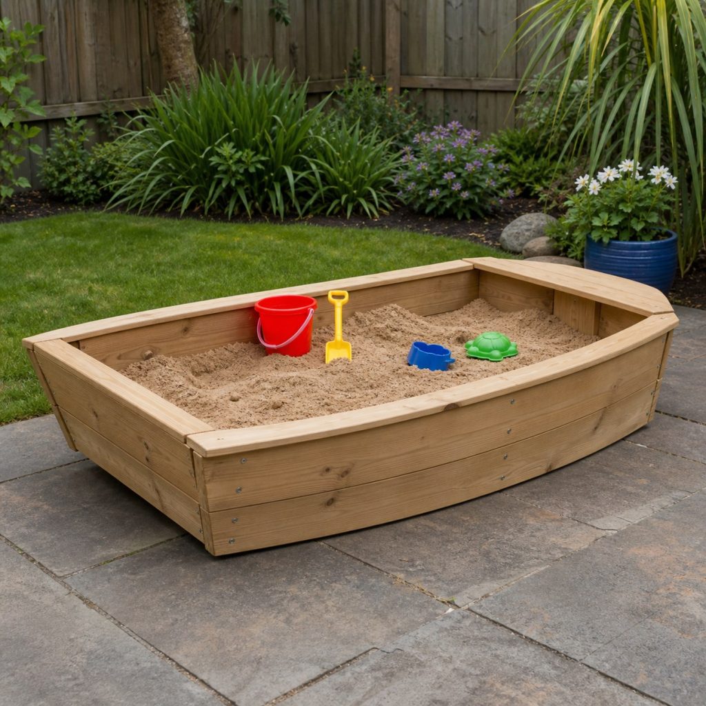 Simple boat-inspired wooden sandbox with low sides and no mast or ropes