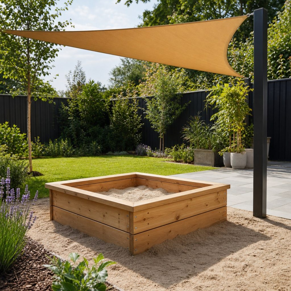 Wooden sandbox placed near a separate professionally installed shade sail with open visibility