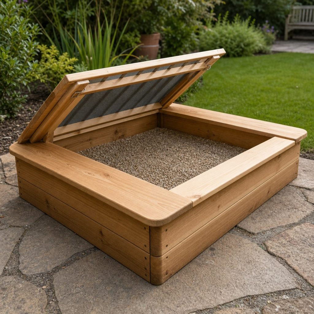 Close view of sandbox rounded cap boards, smooth corners, permeable base layer, and lightweight ventilated cover
