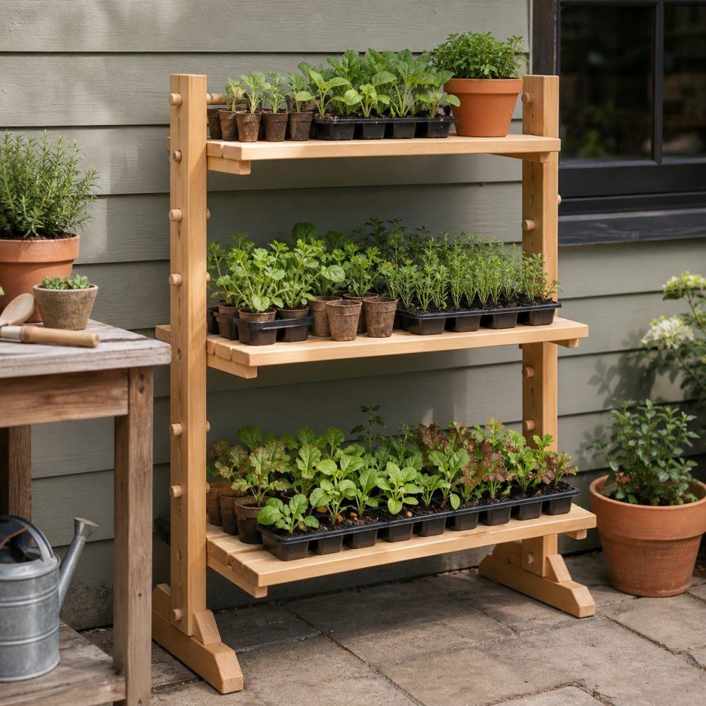 Wooden seedling rack with shelves supported by removable pegs in matched holes
