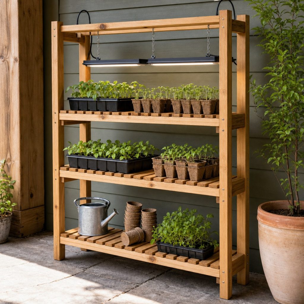 Wooden seed-starting rack with listed slim grow lights suspended neatly above trays