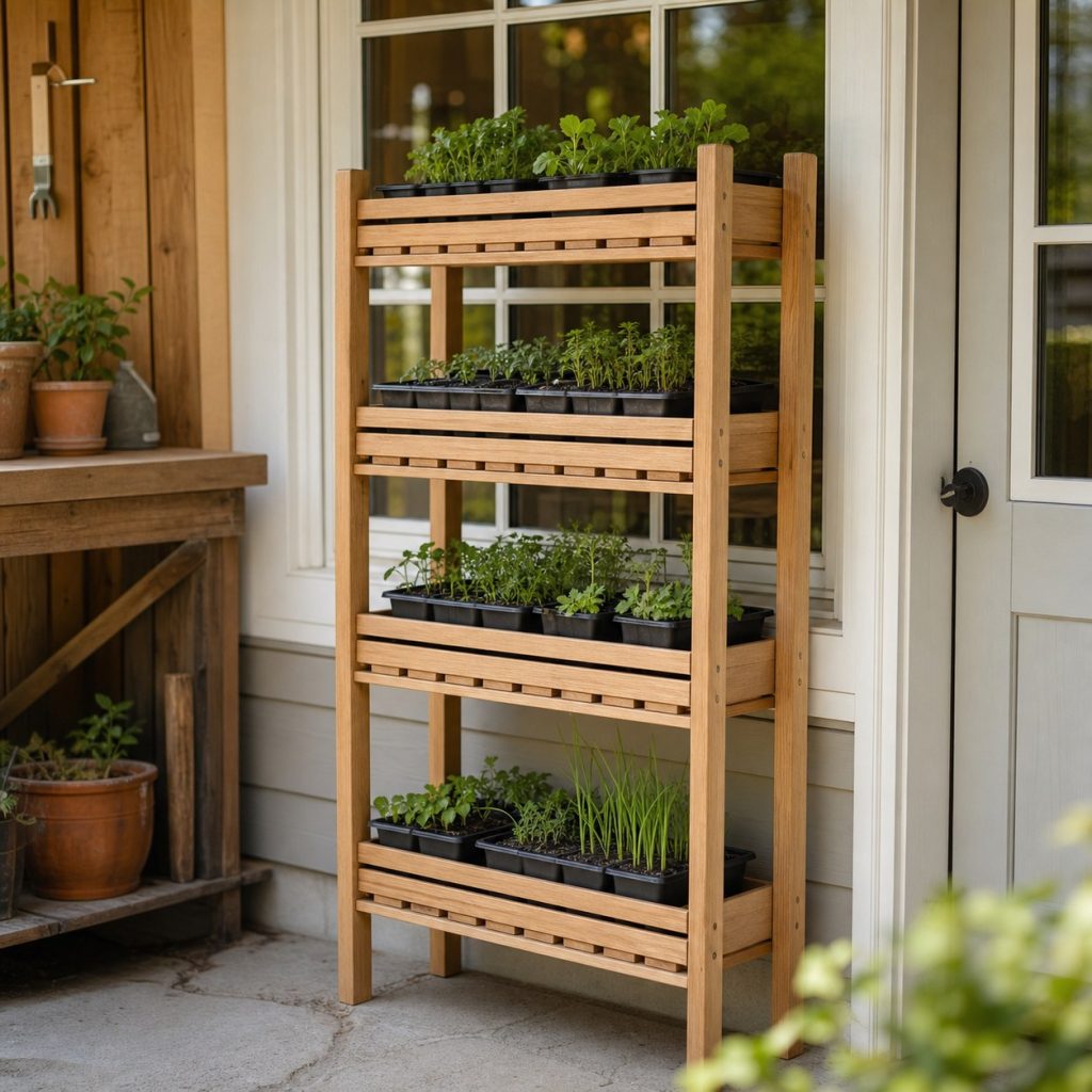 Narrow wooden seed tray rack fitting in front of a bright window without blocking exit