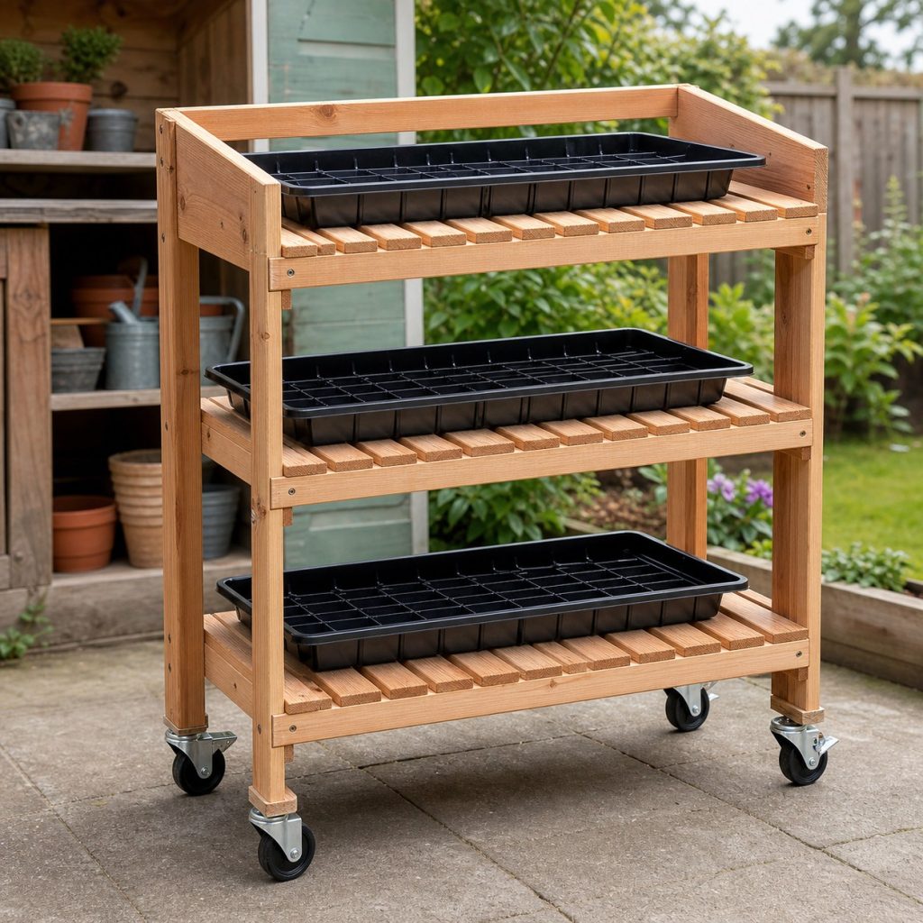 Wooden seed-starting rack on large locking casters with empty trays