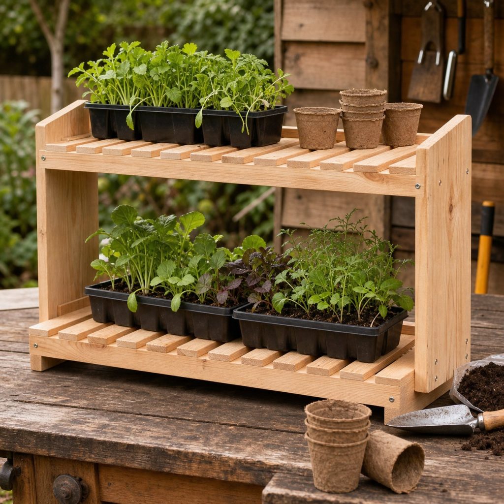 Small two-tier wooden seed-starting shelf on a sturdy workbench