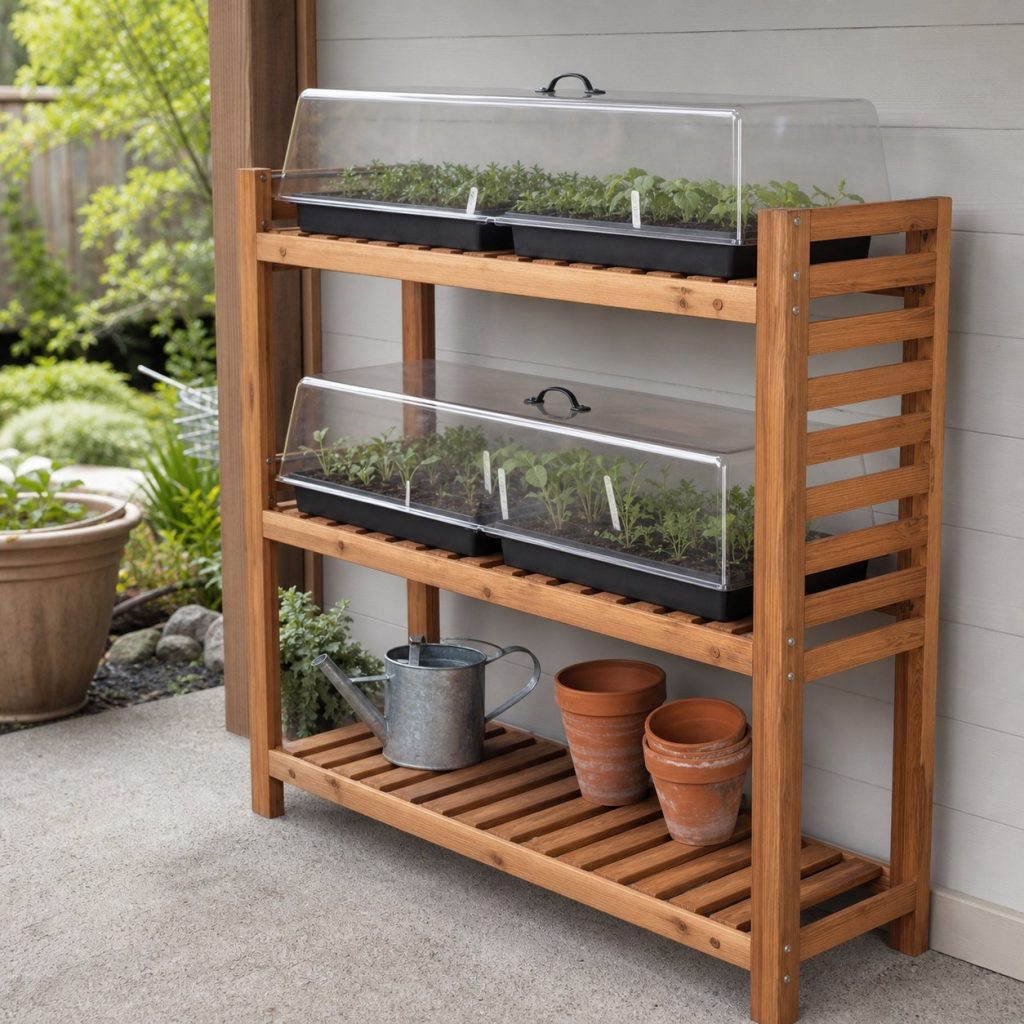 Wooden seedling shelf under a sheltered porch with removable clear tray covers