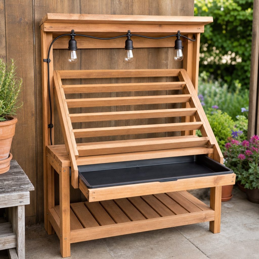 Close view of wooden seed rack slats, removable waterproof tray, adjustable light chain, cord clips, and sealed wood