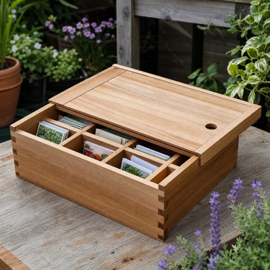 Wooden seed organizer with fitted sliding panel lid and removable dividers