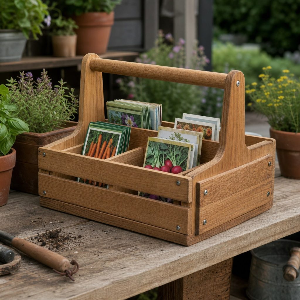 Wooden seed packet caddy with central handle and divided compartments on a potting bench