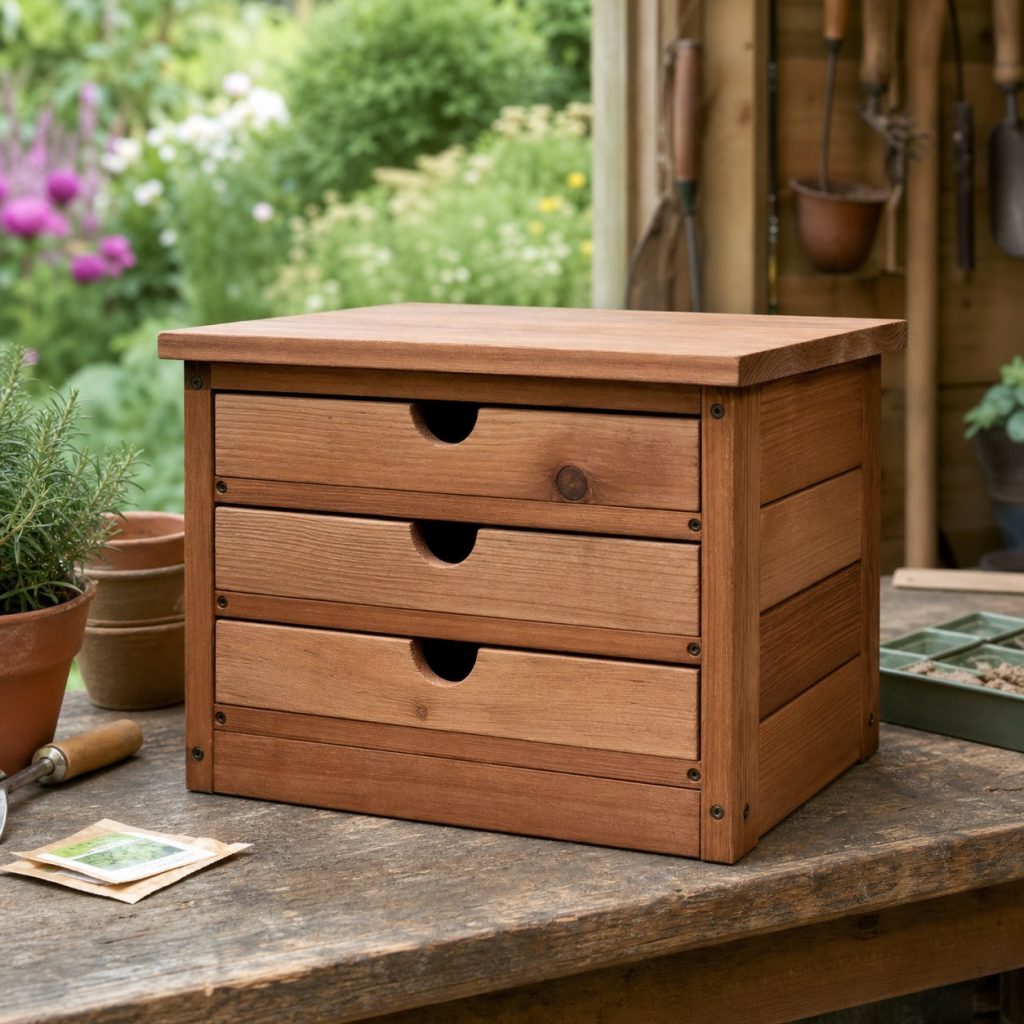 Small wooden seed chest with three shallow unlabeled drawers in a dry garden shed