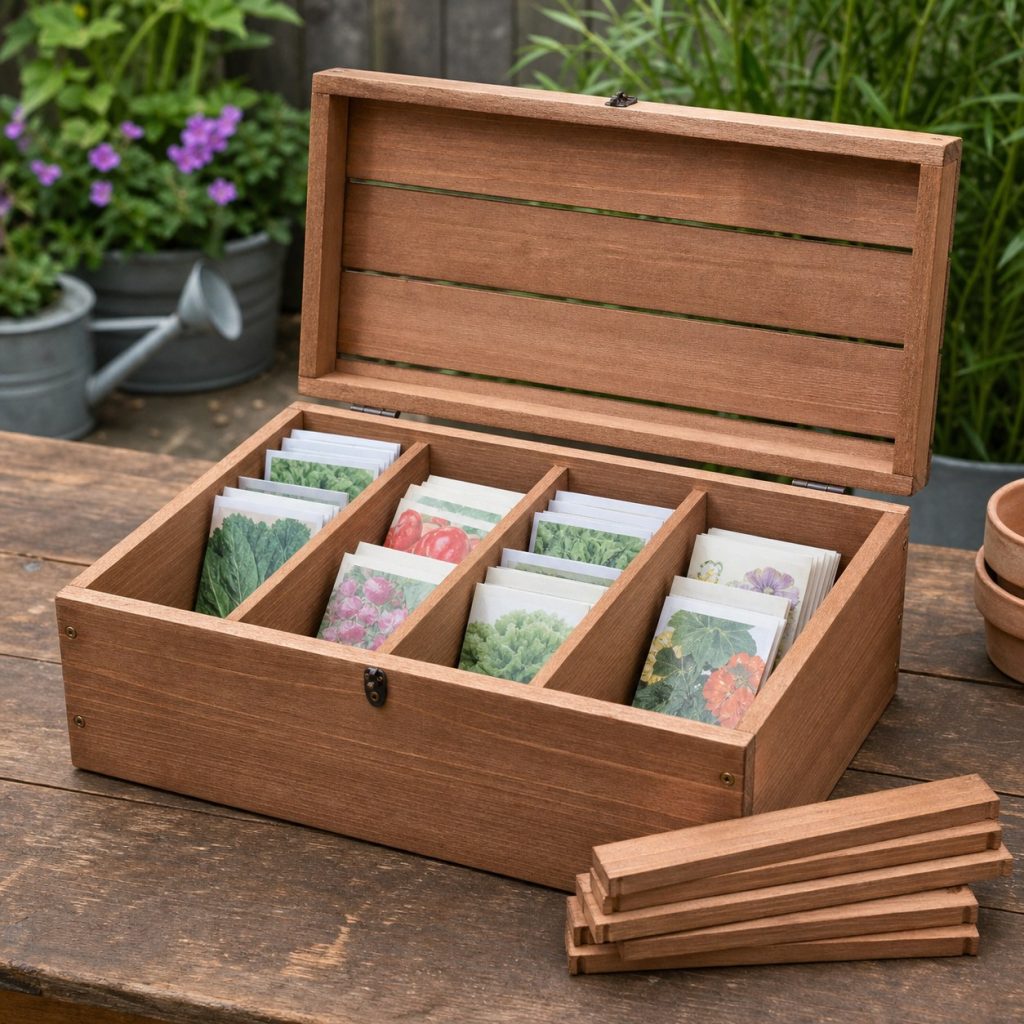Open wooden seed organizer with removable dividers creating several packet-width compartments