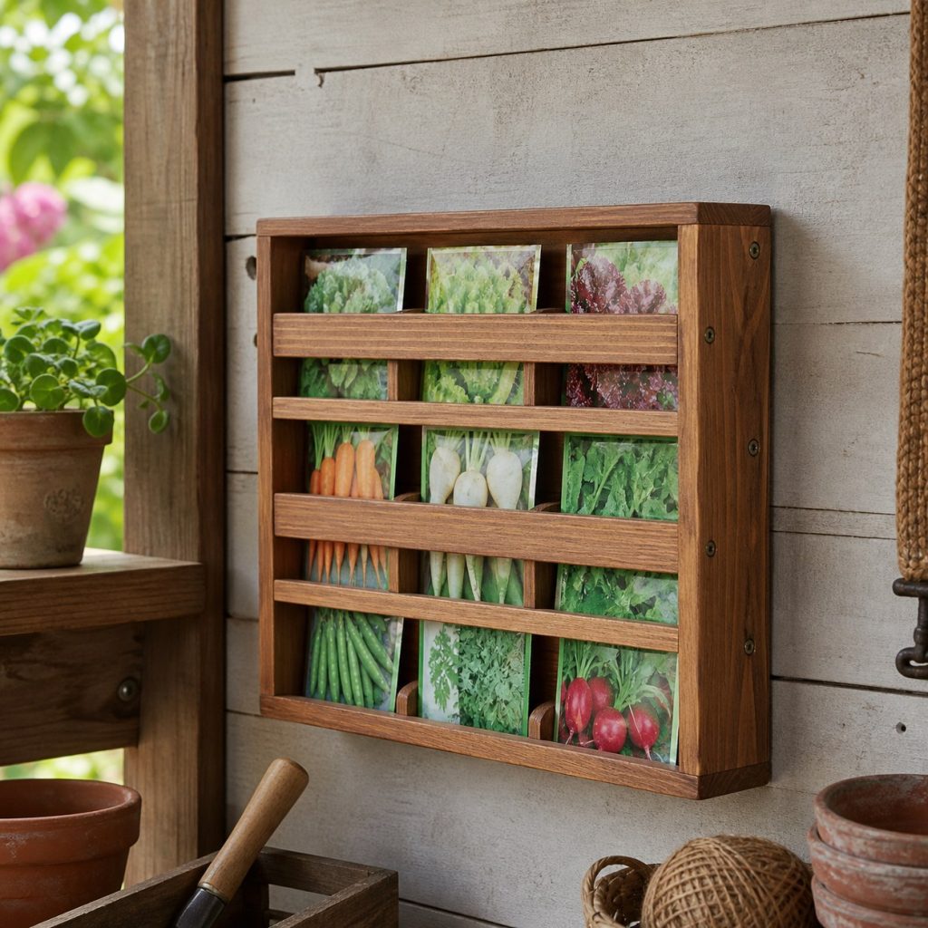 Compact wooden wall cubby holding seed packets inside a dry potting room