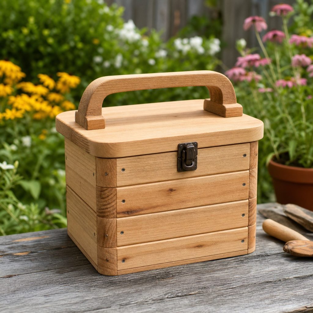 Small wooden seed box with top handle, simple latch, and rounded corners