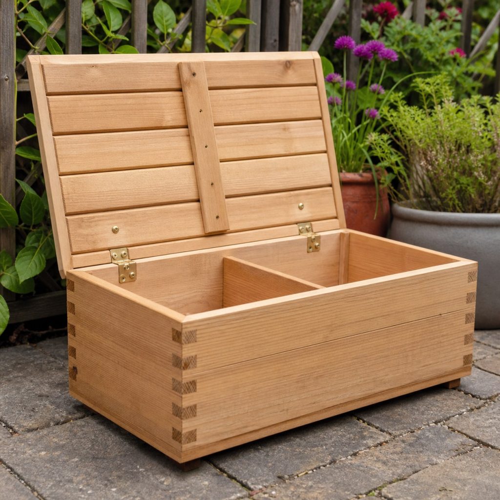 Close view of seed box box-jointed corner, smooth divider grooves, stopped hinges, and clean unfinished interior