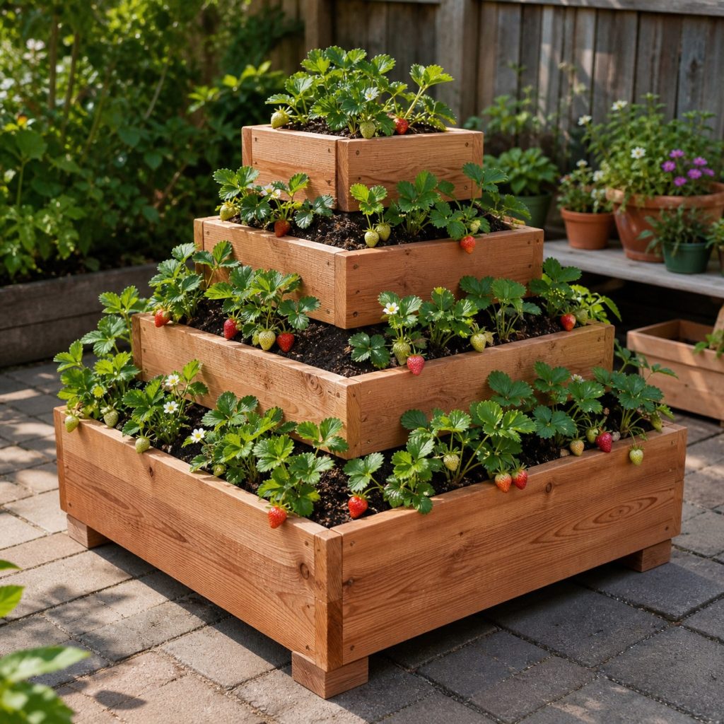 Square cedar pyramid strawberry planter with four planting levels