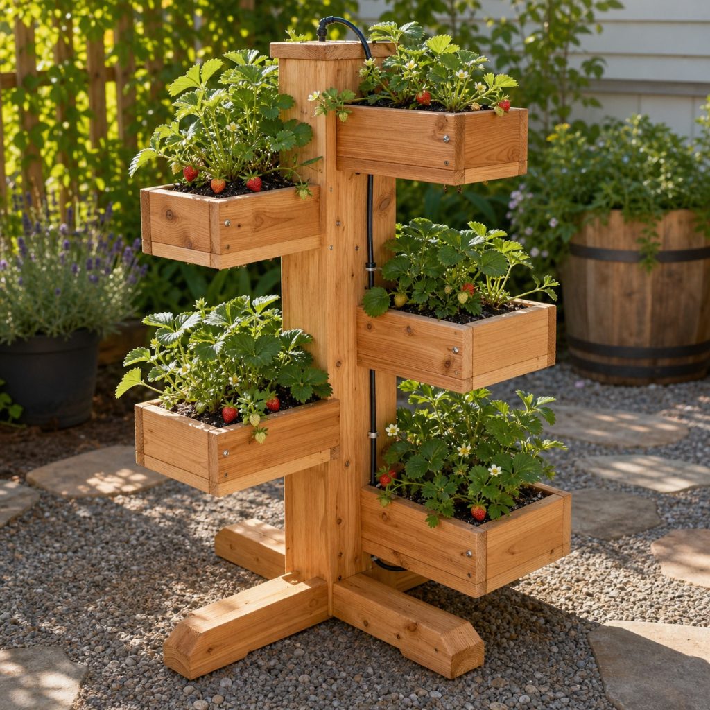 Freestanding wooden strawberry tower with offset boxes around a central post