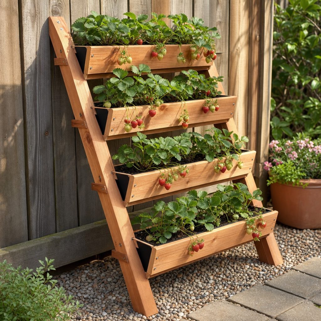 Ladder-style cedar strawberry planter with four deep troughs
