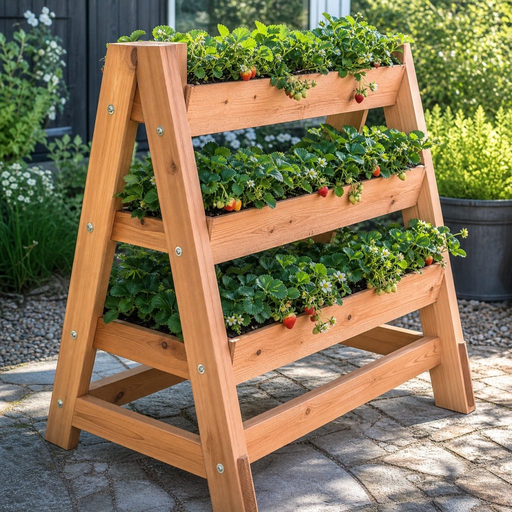 A-frame wooden strawberry planter with troughs on both sides