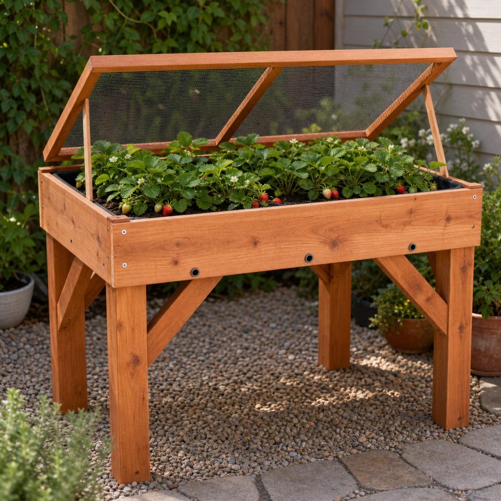 Elevated wooden strawberry table planter with braced legs
