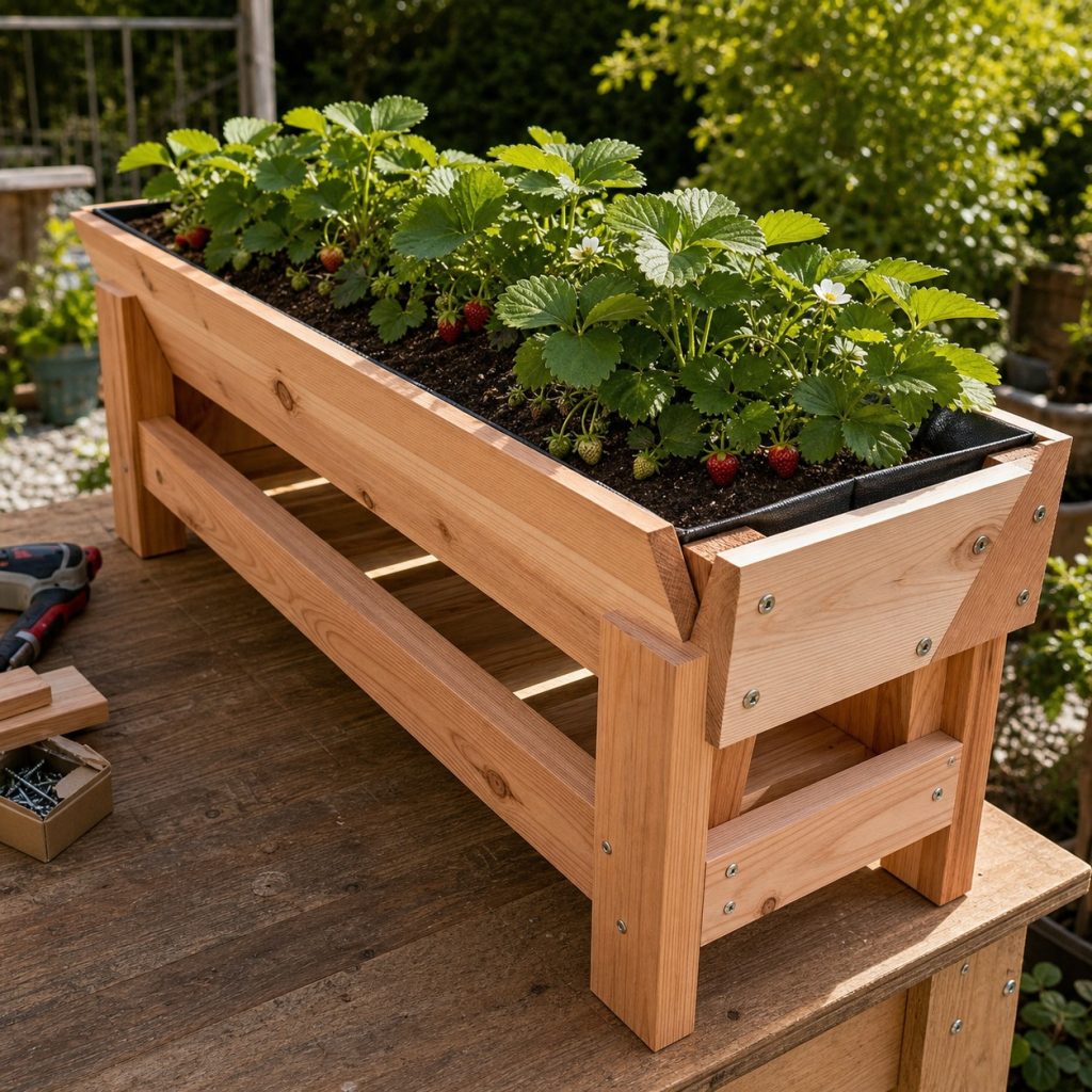 Wood strawberry planter parts showing sloped bottoms and drainage gaps