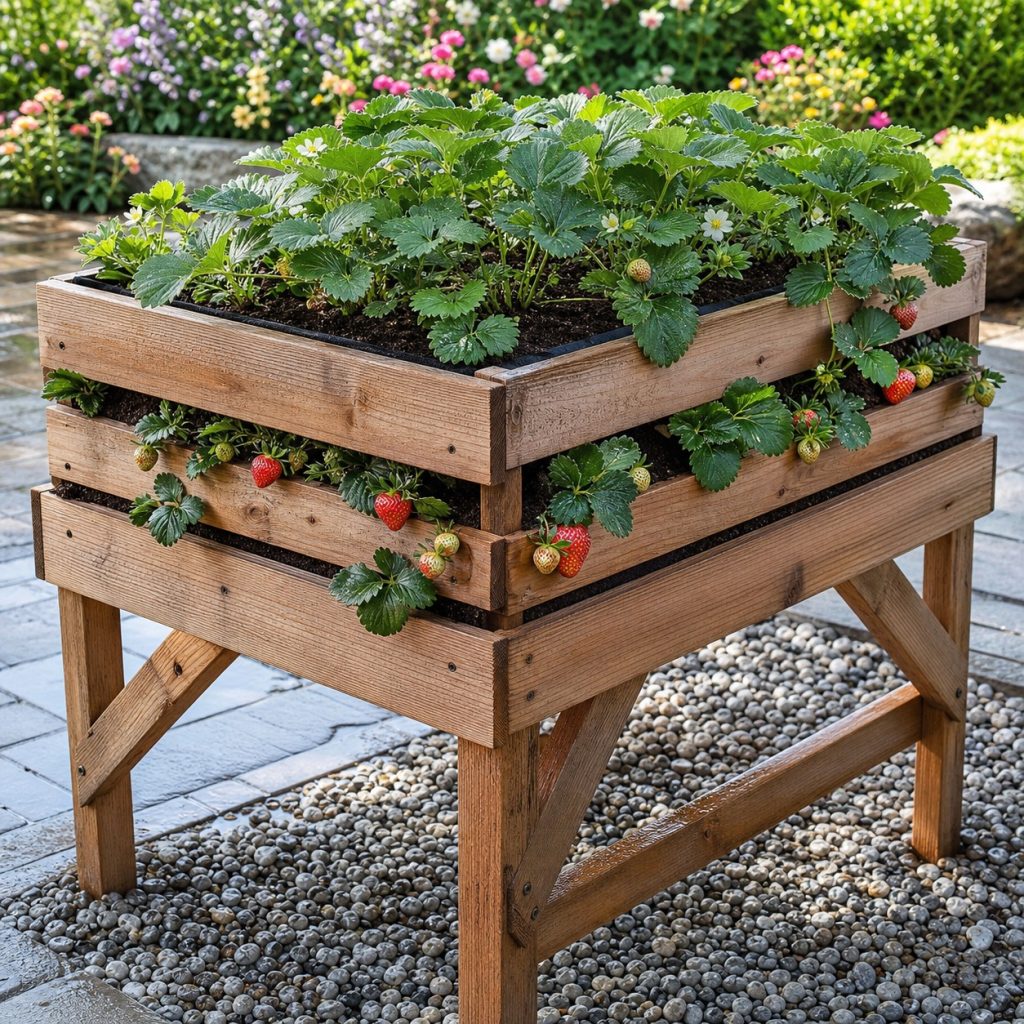 Cedar strawberry planter after watering with clear drainage and healthy fruit