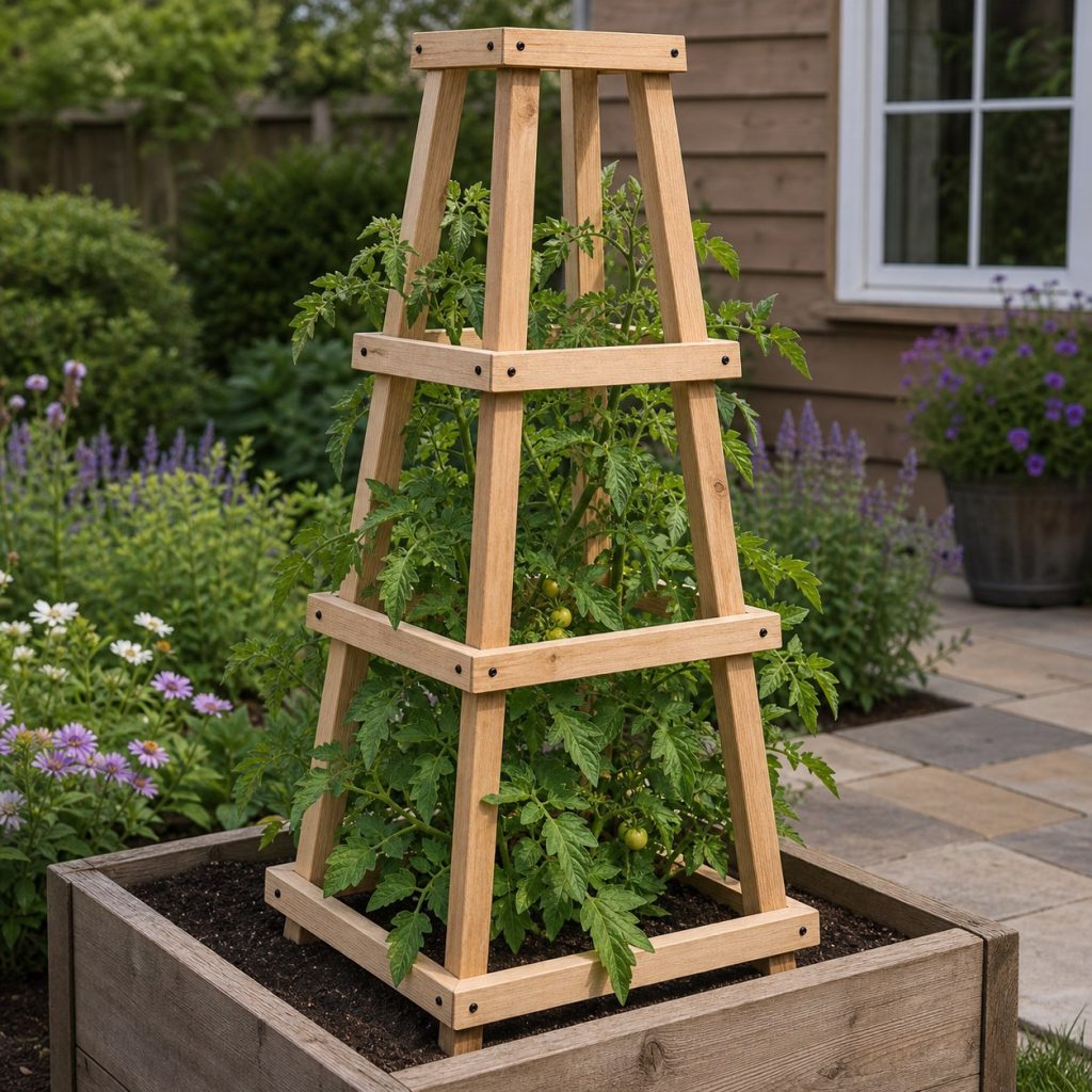Tapered wooden tomato support with open square tiers around a healthy plant