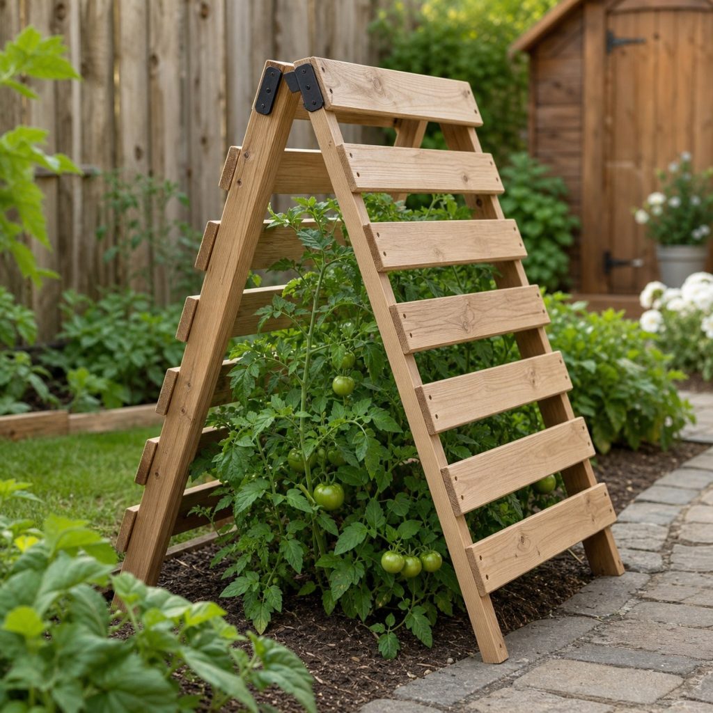 Pair of hinged wooden tomato support panels opened as an A-frame over a garden row