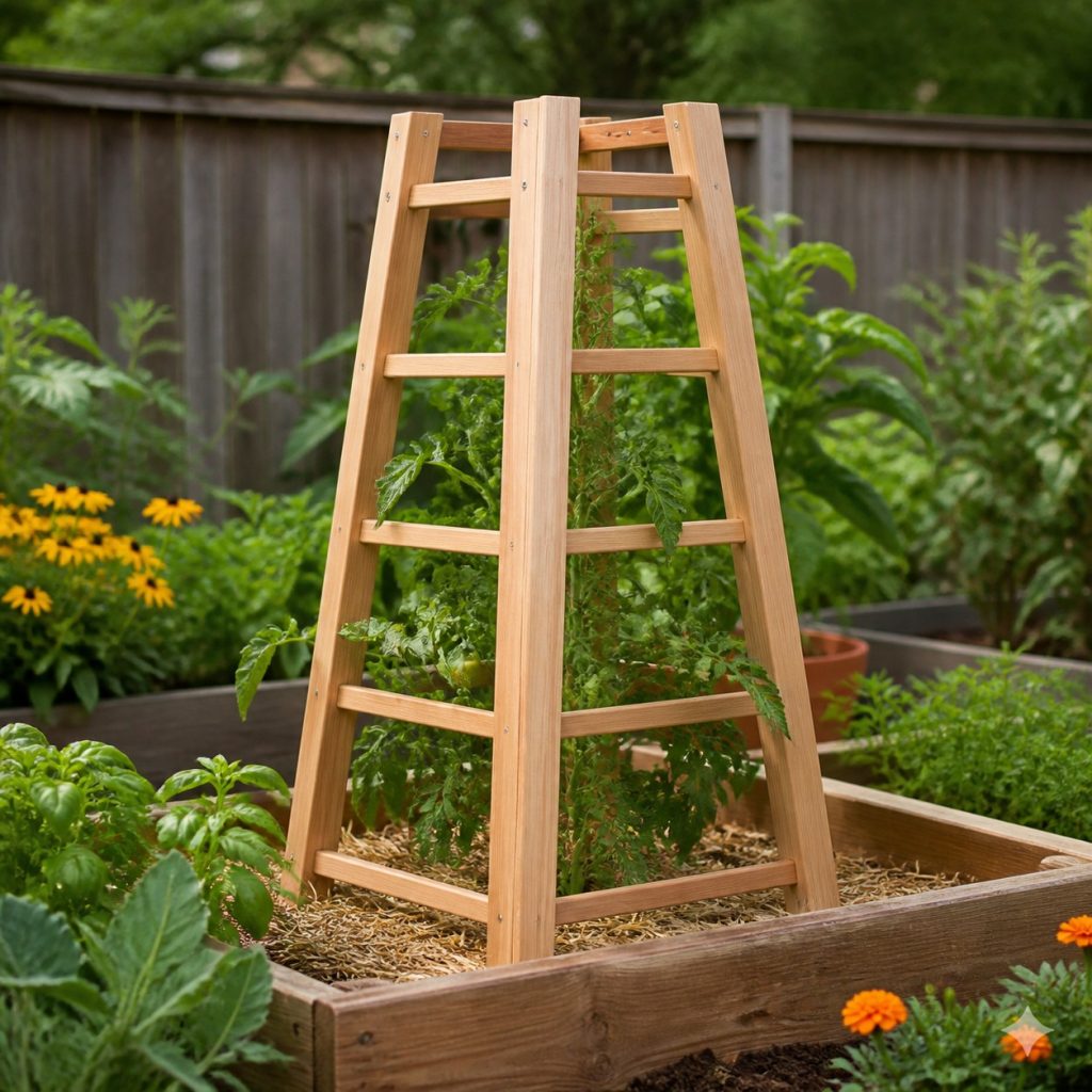 Three narrow wooden ladder panels joined around one tomato plant