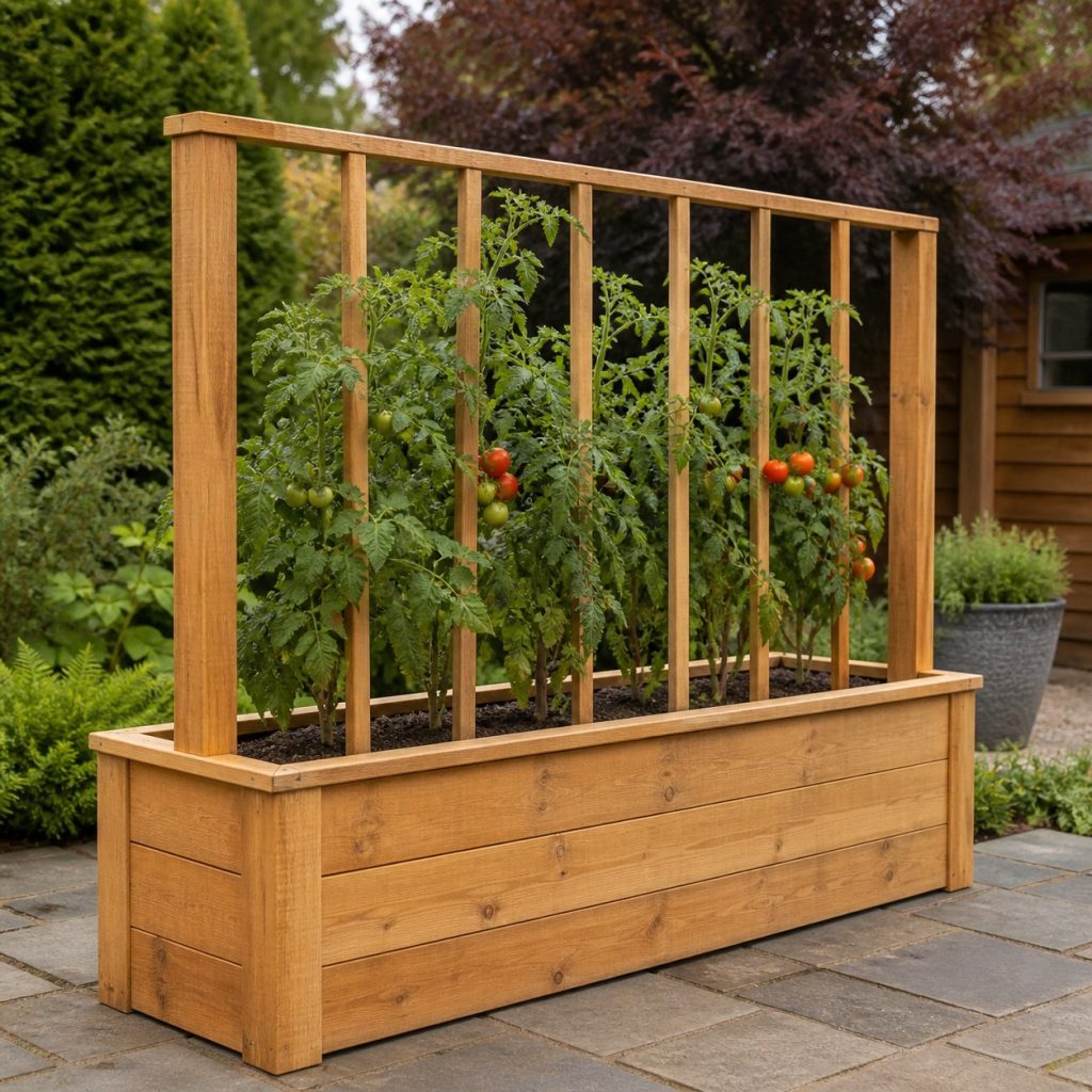 Wooden perimeter frame with vertical slats supporting several tomato plants in a raised bed
