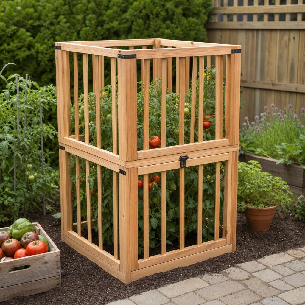 Two-section wooden tomato cage with upper module aligned over sturdy lower frame