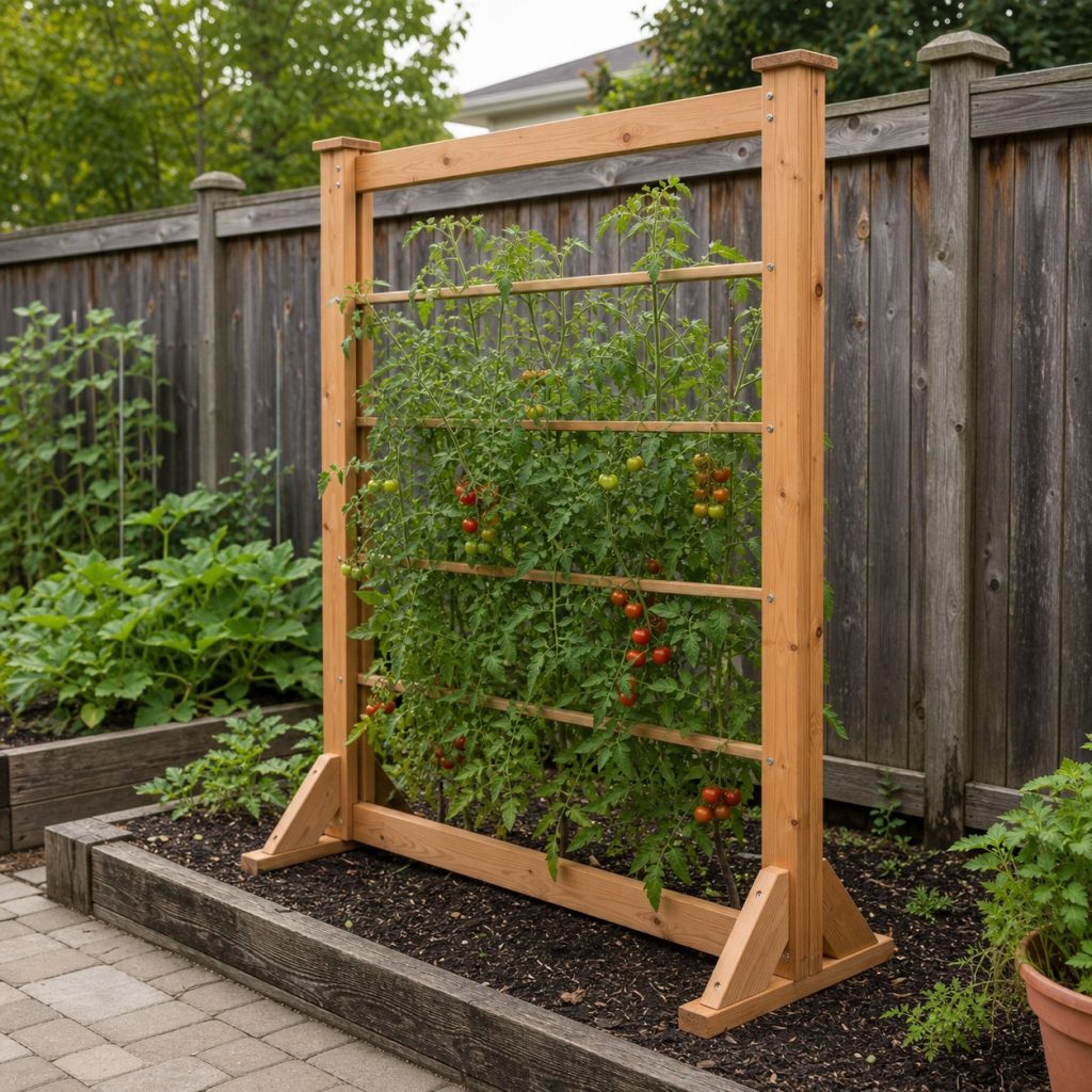 Freestanding wooden tomato support frame near but not attached to a garden fence