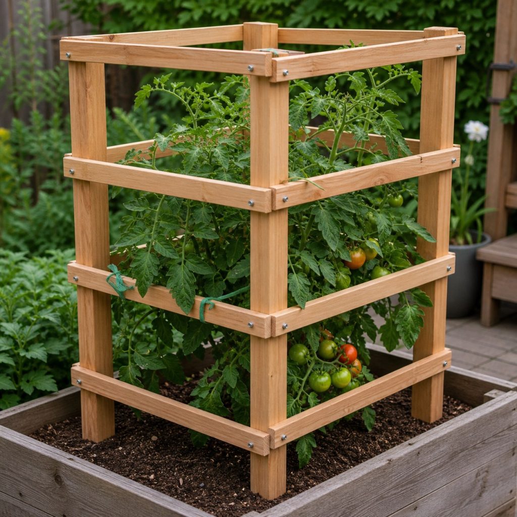 Close view of wooden tomato cage lap joints, smooth rails, soft plant ties, removable bolts, and dry storage