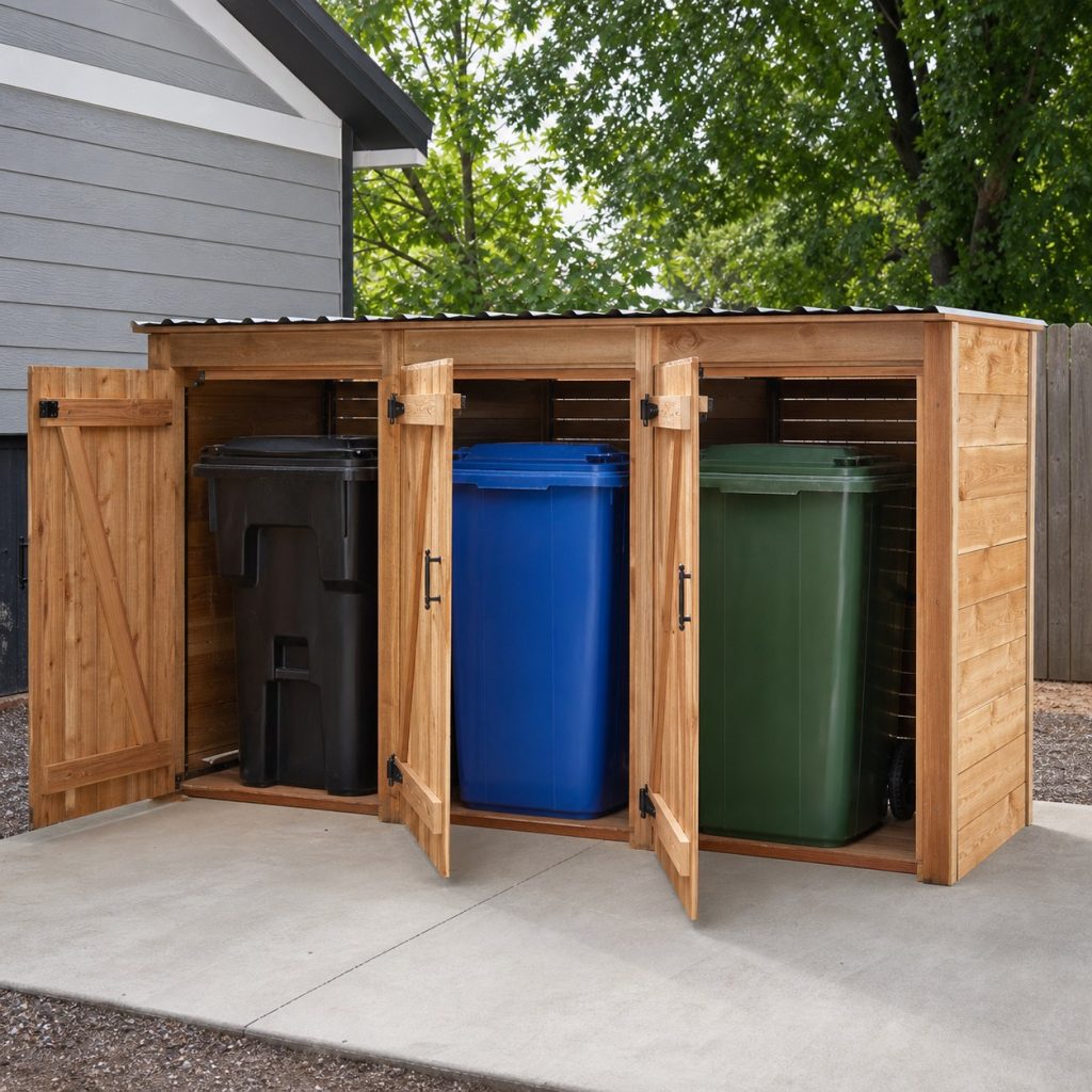 Three-bay wooden enclosure holding trash recycling and yard-waste carts