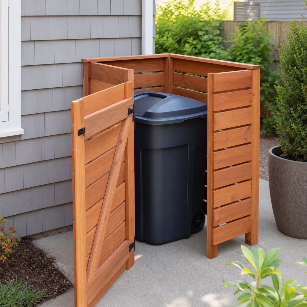 Three-sided cedar trash can screen with open top and hinged front gate