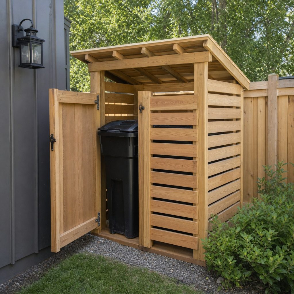 Wooden trash can enclosure with fixed sloped roof and open ventilated sides