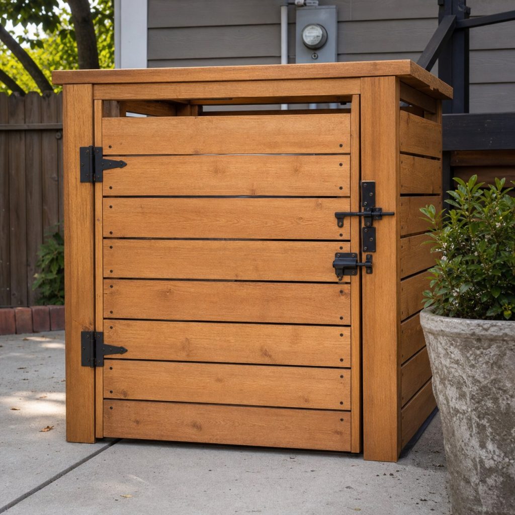 Trash enclosure gate with protected two-step latch sturdy hinges and no food visible
