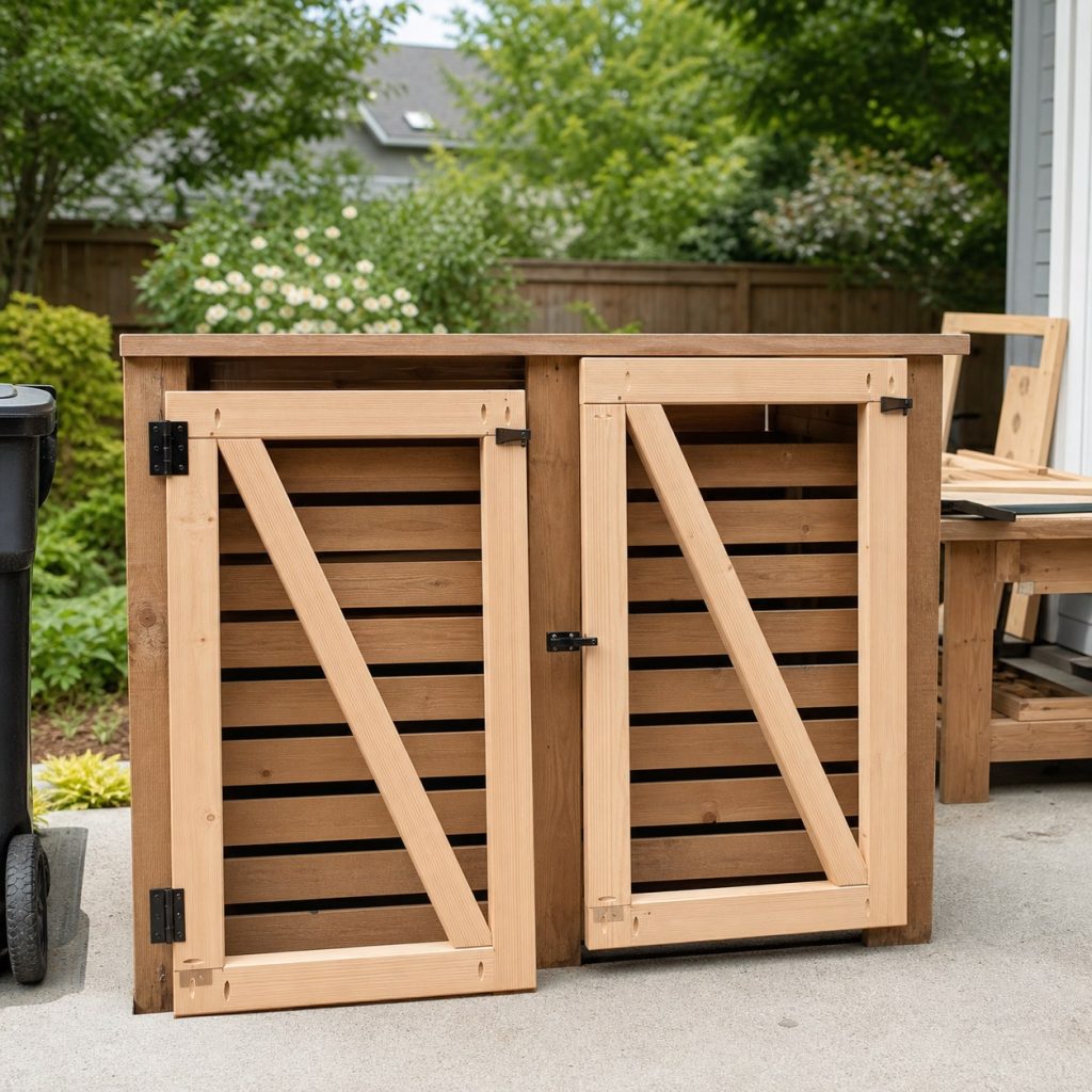 Trash enclosure gate frames under assembly with diagonal braces hinges and stops