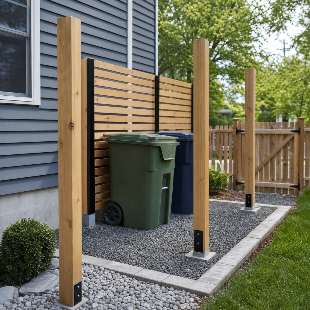 Trash enclosure posts anchored beside level permeable pad with clear drainage