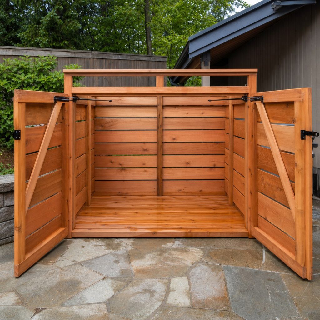 Empty clean cedar trash enclosure with gates secured open and floor drying